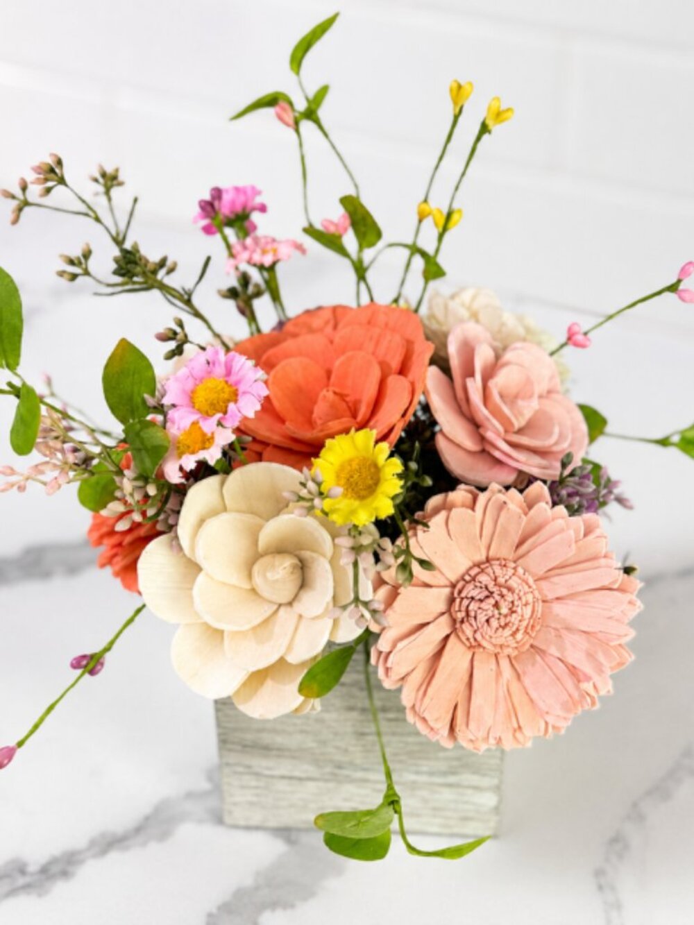 Pink Orange Sola Wood Floral Arrangement in wooden rustic box graduation gift